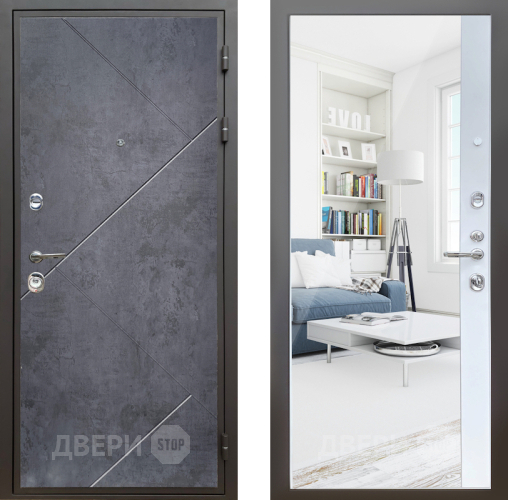 Входная металлическая Дверь Шелтер (SHELTER) Комфорт Бетон урбан индиго 14 с зеркалом Белый матовый в Голицыно