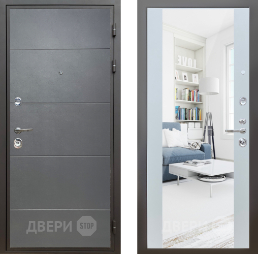 Входная металлическая Дверь Шелтер (SHELTER) Комфорт Лофт графит 13 с зеркалом Белый матовый в Голицыно