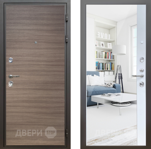 Входная металлическая Дверь Шелтер (SHELTER) Комфорт Дуб тоскано поперечный 14 с зеркалом Белый матовый в Голицыно