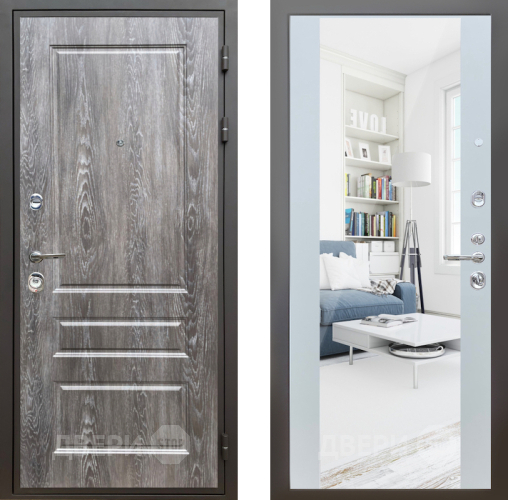 Входная металлическая Дверь Шелтер (SHELTER) Комфорт Дуб шале серебро 13 с зеркалом Белый матовый в Голицыно