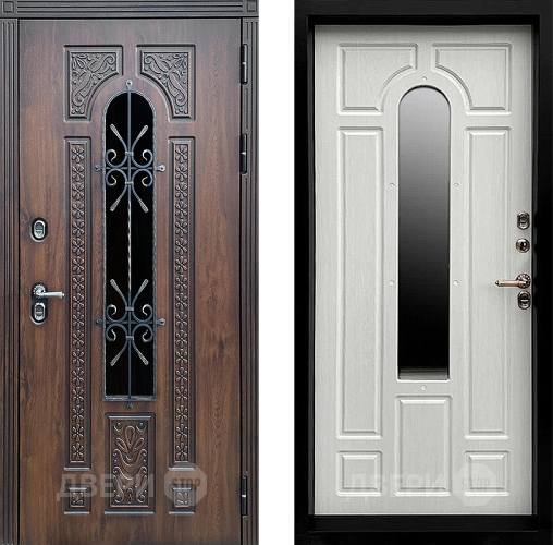 Входная металлическая Дверь Престиж TERMO с терморазрывом Лацио Дуб с окном и ковкой Лиственница белая в Голицыно