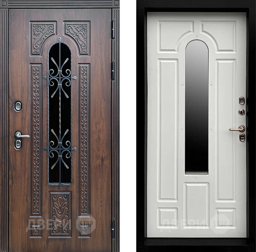 Входная металлическая Дверь Престиж TERMO с терморазрывом Лацио Дуб с окном и ковкой Белый матовый в Голицыно