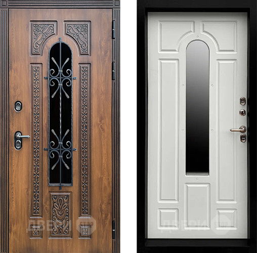 Входная металлическая Дверь Престиж TERMO с терморазрывом Лацио Орех с окном и ковкой Белый матовый в Голицыно