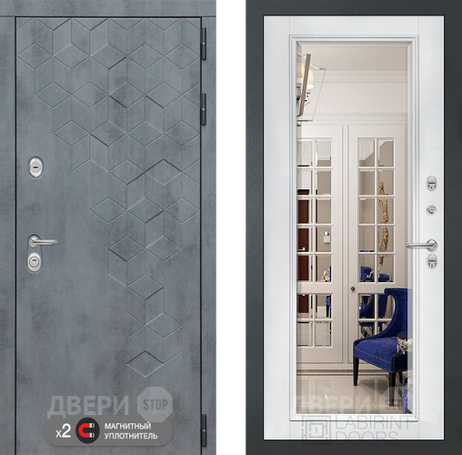 Входная металлическая Дверь Лабиринт (LABIRINT) Бетон Зеркало Фацет с багетом Белый софт в Голицыно
