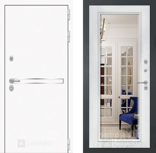 Входная металлическая Дверь Лабиринт (LABIRINT) Лайн White Зеркало Фацет с багетом Белый софт в Голицыно