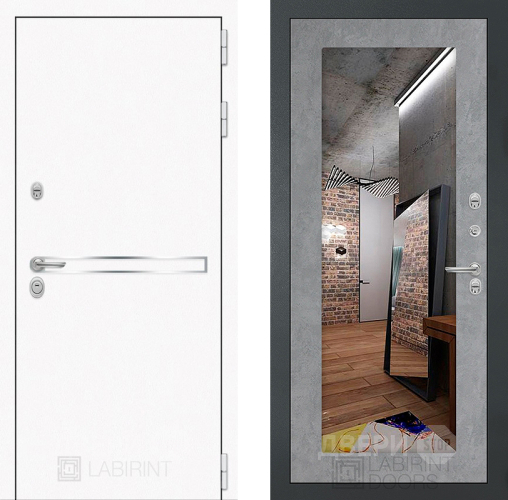 Входная металлическая Дверь Лабиринт (LABIRINT) Лайн White Зеркало 18 Бетон светлый в Голицыно