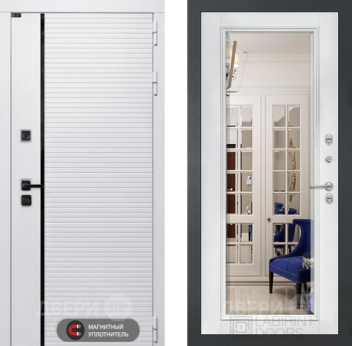 Входная металлическая Дверь Лабиринт (LABIRINT) Royal Зеркало Фацет с багетом Белый софт в Голицыно