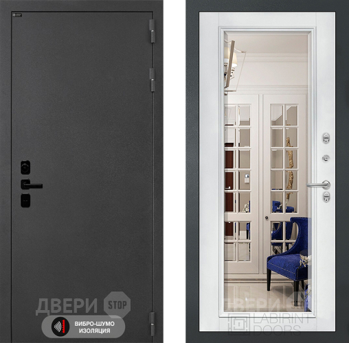 Дверь Лабиринт (LABIRINT) Acustic Зеркало Фацет с багетом Белый софт в Голицыно