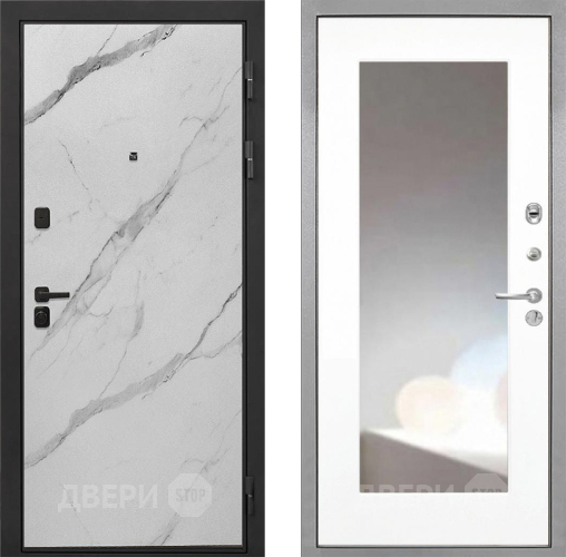 Входная металлическая Дверь Интекрон (INTECRON) Профит Black Мрамор Арктик ФЛЗ-120-М Зеркало Белый матовый в Голицыно