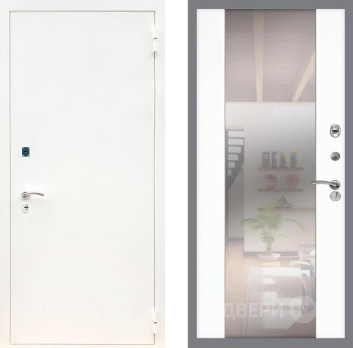 Входная металлическая Дверь Рекс (REX) 1А Белая шагрень СБ-16 Зеркало Силк Сноу в Голицыно