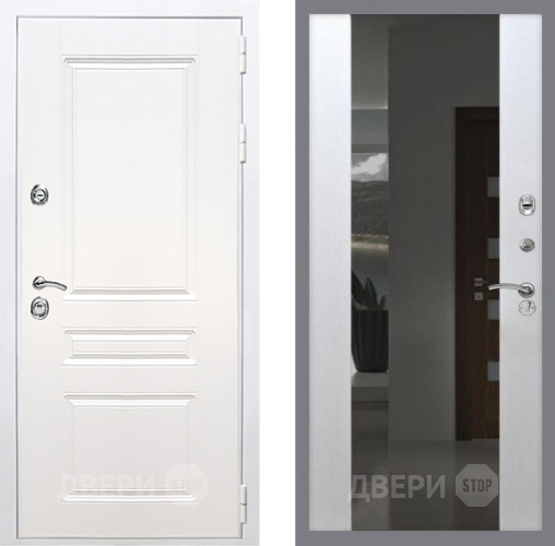 Входная металлическая Дверь Рекс (REX) Премиум-н Силк Сноу СБ-16 Зеркало Белый ясень в Голицыно